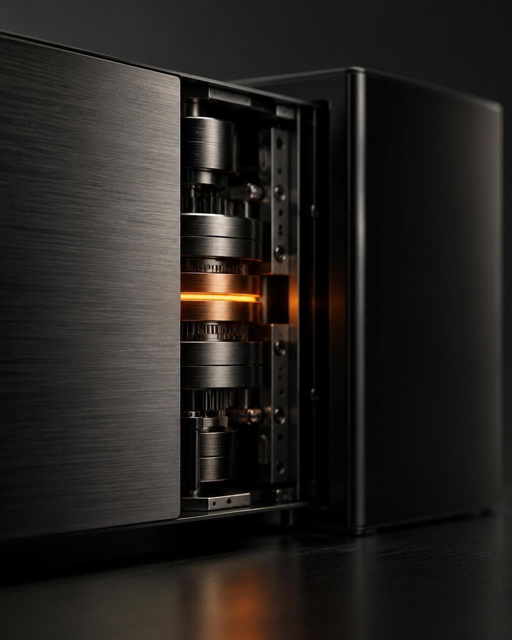 Precision black instrument revealing an ember-lit core
