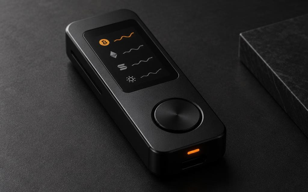 Black self-custody hardware wallet with an ember status light